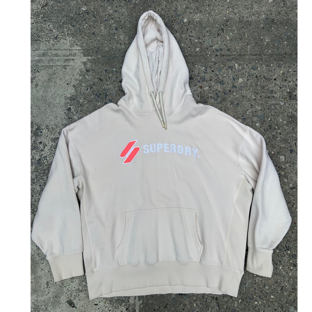Superdry Mens Cream Embroidered Logo Hoodie Sweatshirt Off White Size M/L